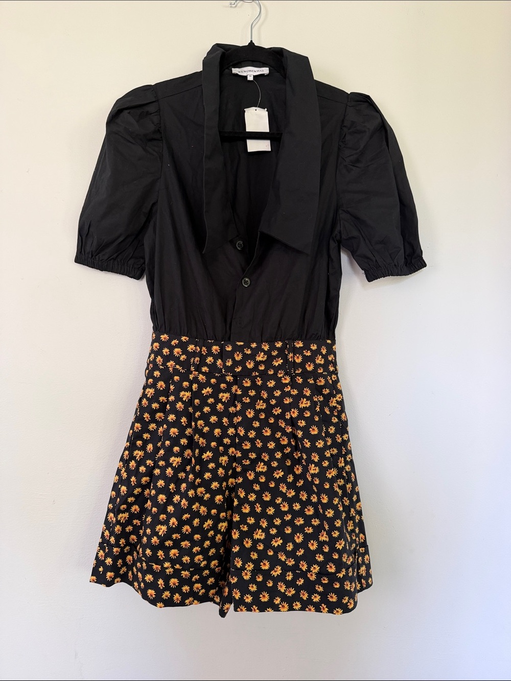 Weworewhat | Black Puff-Sleeve Dress with Yellow Floral Romper